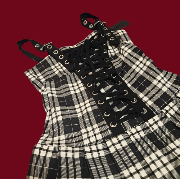 NWT Ivory Charm School Dropout Plaid Lace Up Dress - Picture 2 of 6